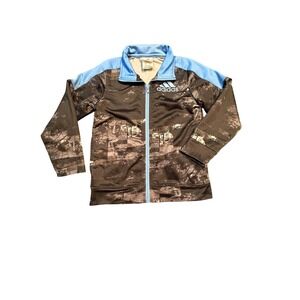 Adidas Kids Gray Black Abstract Camo Full Zip‎ Track Jacket Blue Accents Size 6